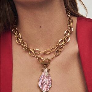Gold and Pink Shell Pendant Necklace